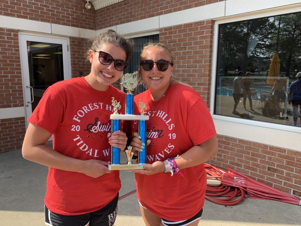 two swim coaches hold a first place trophy at a summer swim meet